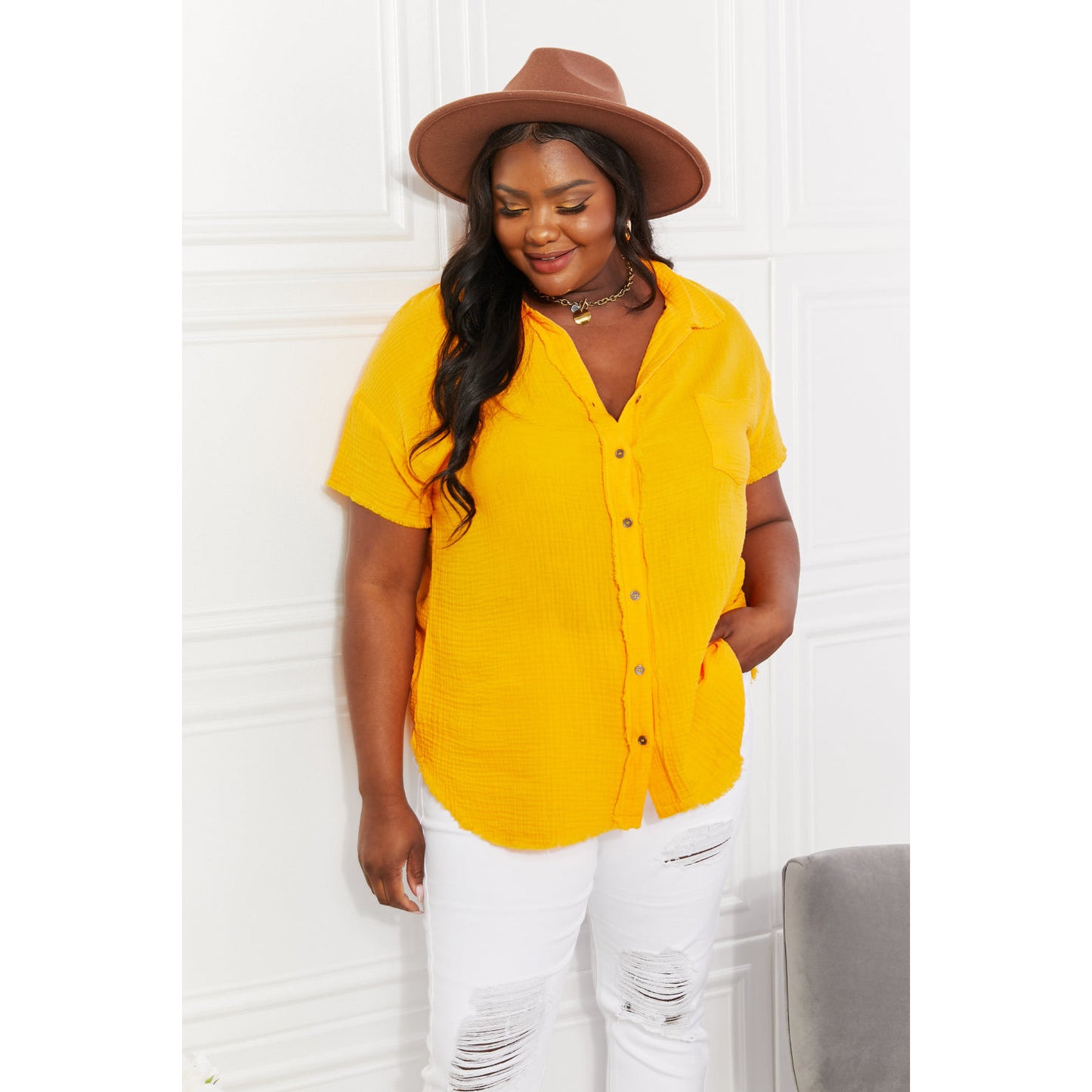 ZENANA Full Size Summer Breeze Gauze Short Sleeve Shirt in Mustard