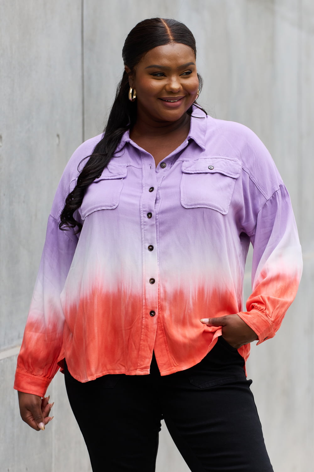 WHITE BIRCH Relaxed Fit Lavender Tie-Dye Button Down Top