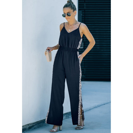 Leopard Contrast Spaghetti Strap Wide Leg Jumpsuit