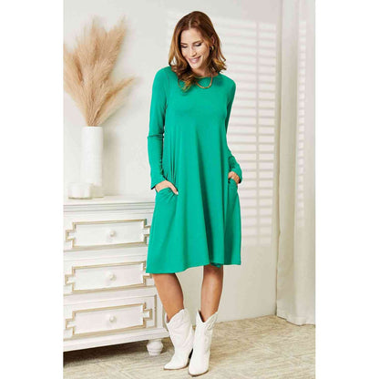 ZENANA Full Size Long Sleeve Flare Dress with Pockets