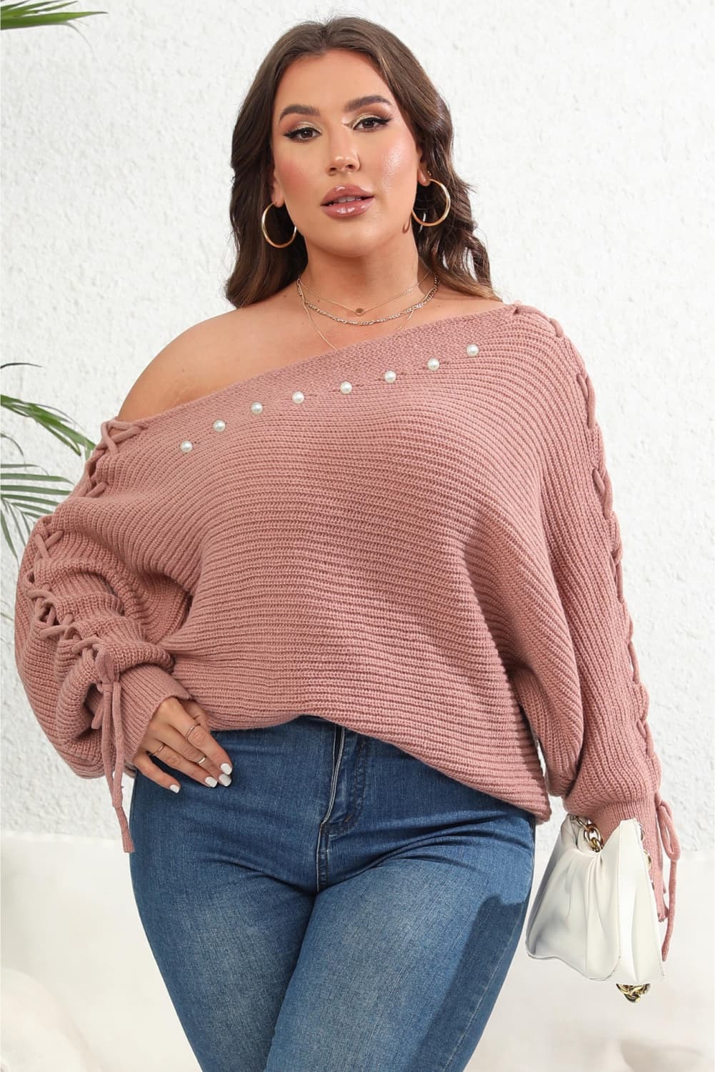 Stylish Plus Size Off-the-Shoulder Beaded Sweater