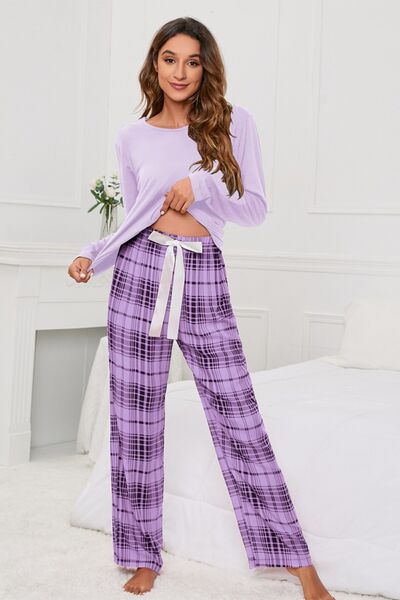 Long Sleeve Top and Bow Plaid Pants Lounge/Pajama Set