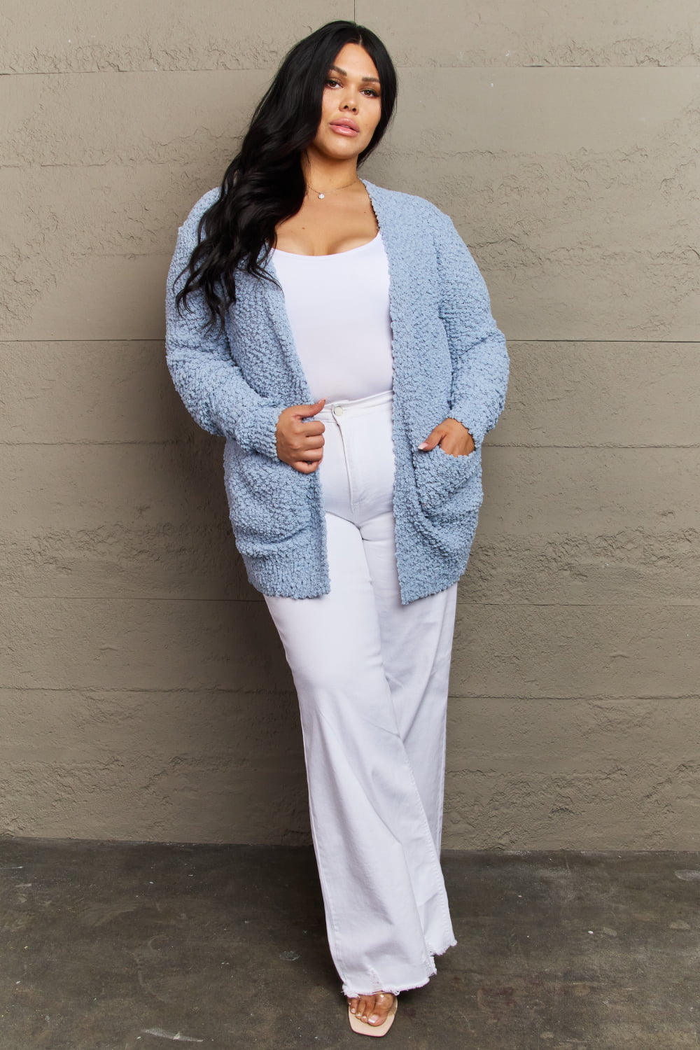 ZENANA Falling For You Full Size Open Front Popcorn Cardigan