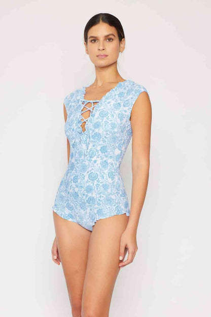 MARINA WEST Swim Bring Me Flowers V-Neck One Piece Swimsuit In Thistle Blue