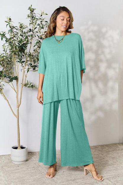 DOUBLE TAKE Full Size Round Neck Slit Top and Wide-leg Pants Lounge Set