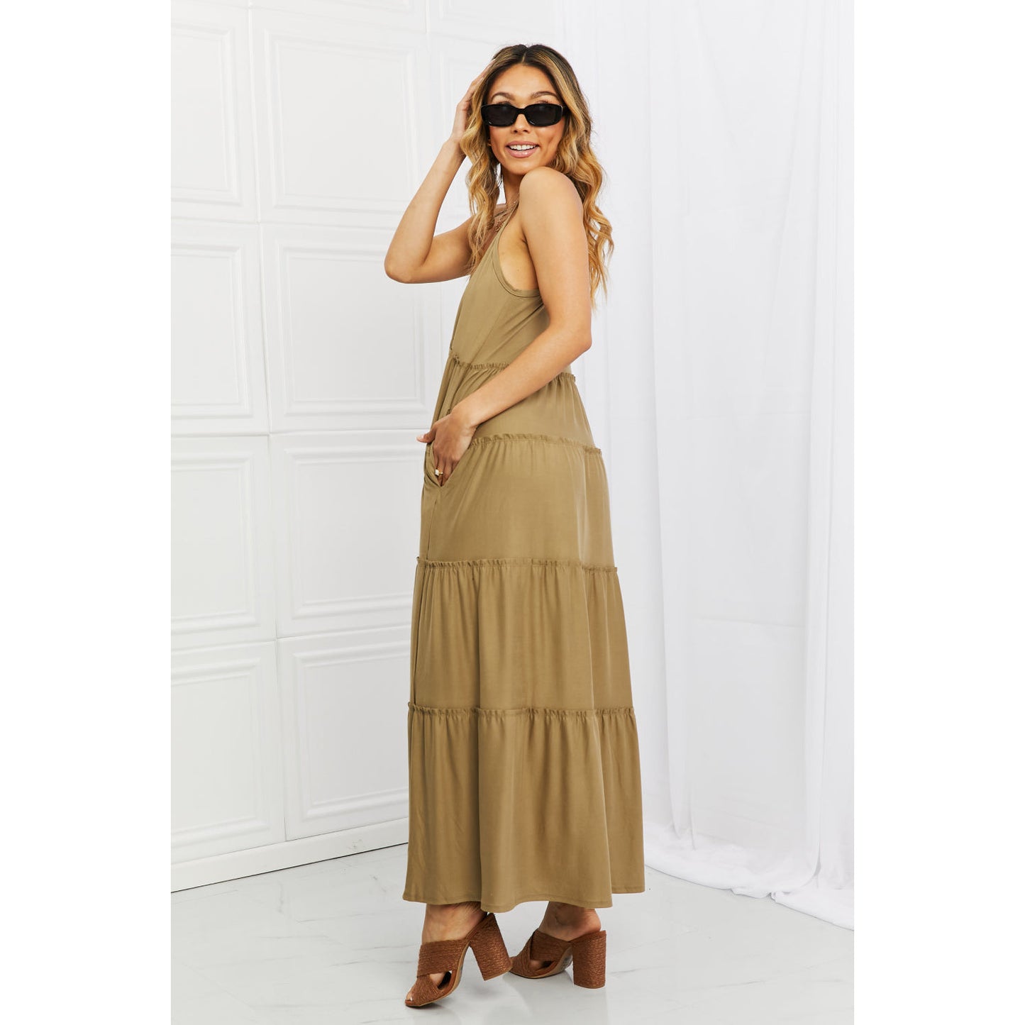 ZENANA Full Size Spaghetti Strap Tiered Dress with Pockets in Khaki