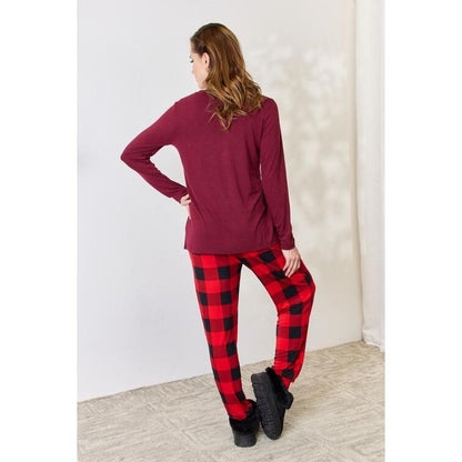 ZENANA Full Size Plaid Round Neck Top and Pants Pajama Set