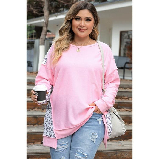 Plus Size Leopard Exposed Seam Long Sleeve Sweatshirt