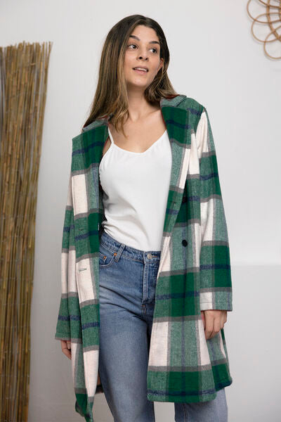 DOUBLE TAKE Full Size Plaid Button Up Lapel Collar Coat