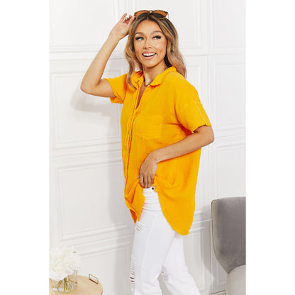 ZENANA Full Size Summer Breeze Gauze Short Sleeve Shirt in Mustard