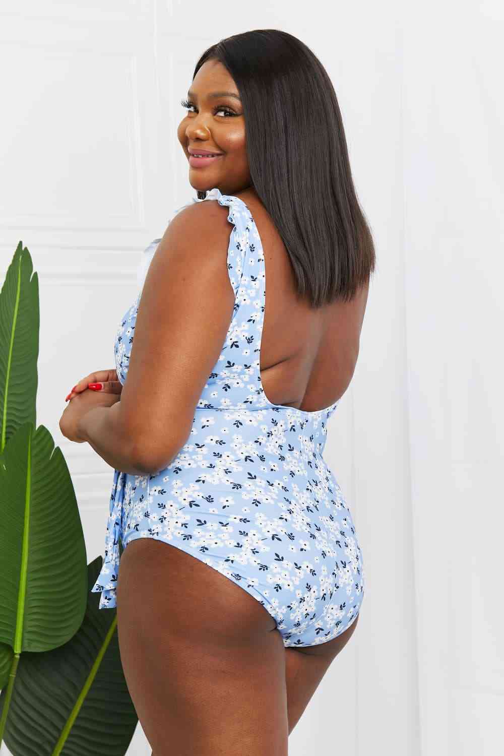 MARINA WEST SWIM Full Size Float On Ruffle Faux Wrap One-Piece in Blossom Blue