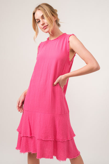 AND THE WHY Washed Fringe Detail Tiered Dress