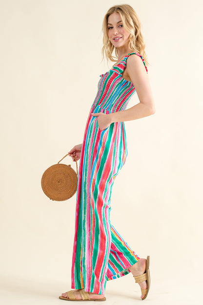 AND THE WHY Full Size Striped Smocked Sleeveless Jumpsuit/ S-3XL