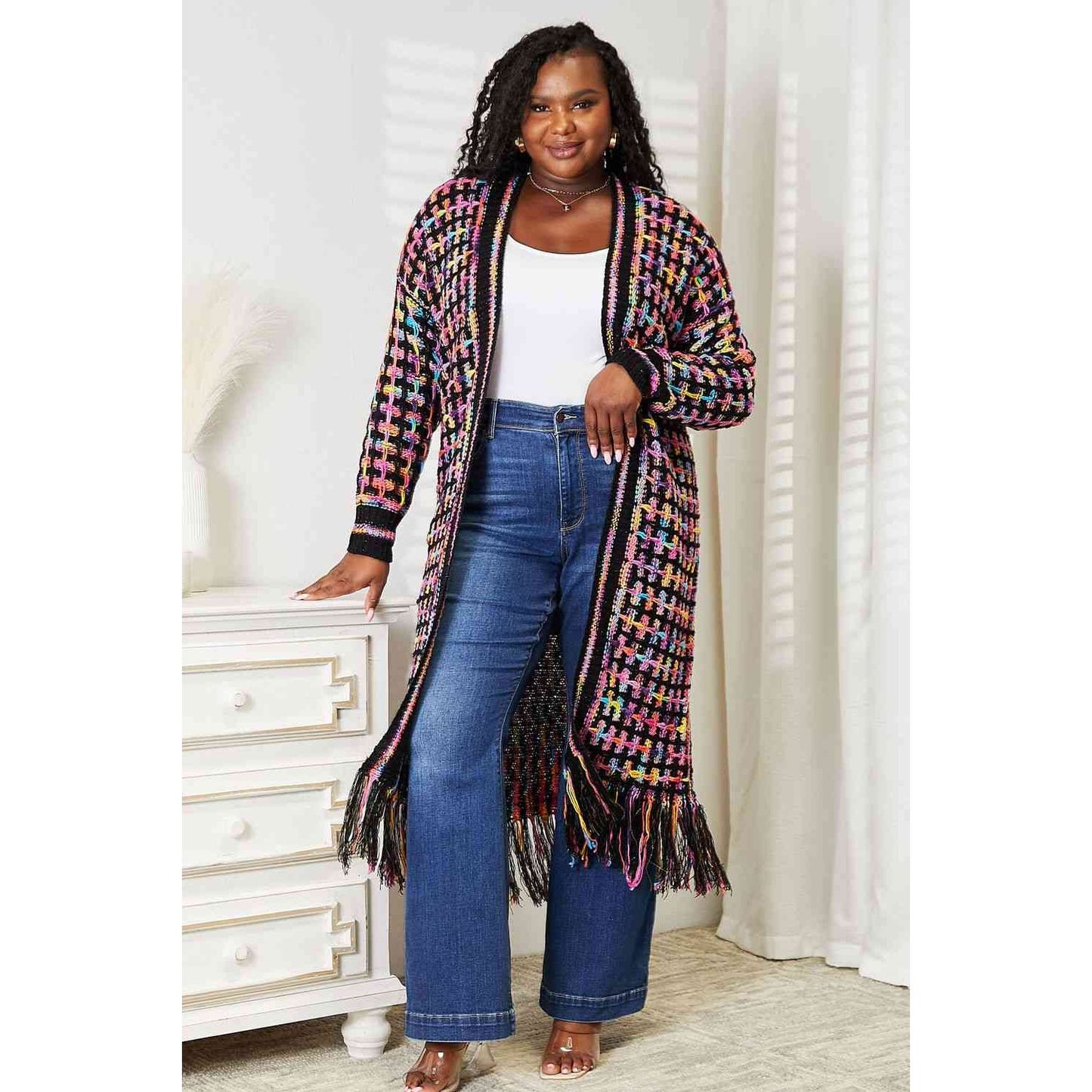 DOUBLE TAKE Full Size Multicolored Open Front Fringe Hem Cardigan