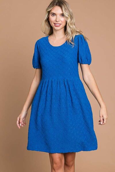 CULTURE CODE Texture Azula-blue Round Neck Short Sleeve Dress with Pockets