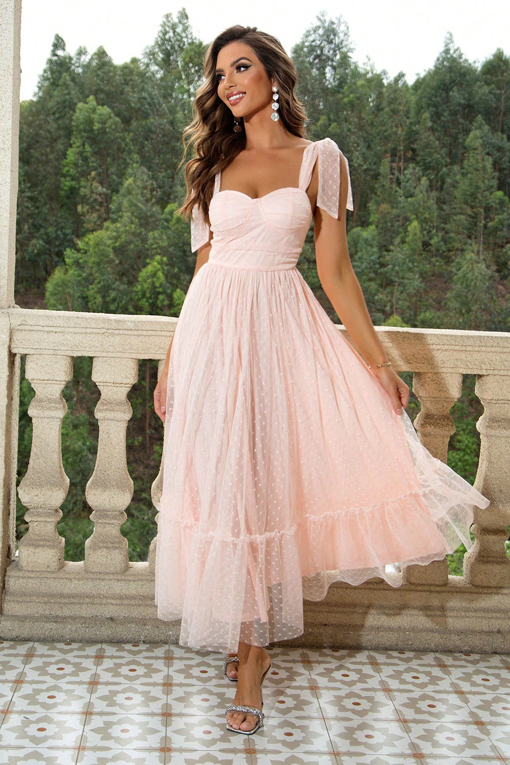 Tie-Shoulder Sweetheart Neckline Blush Pink Formal Dress