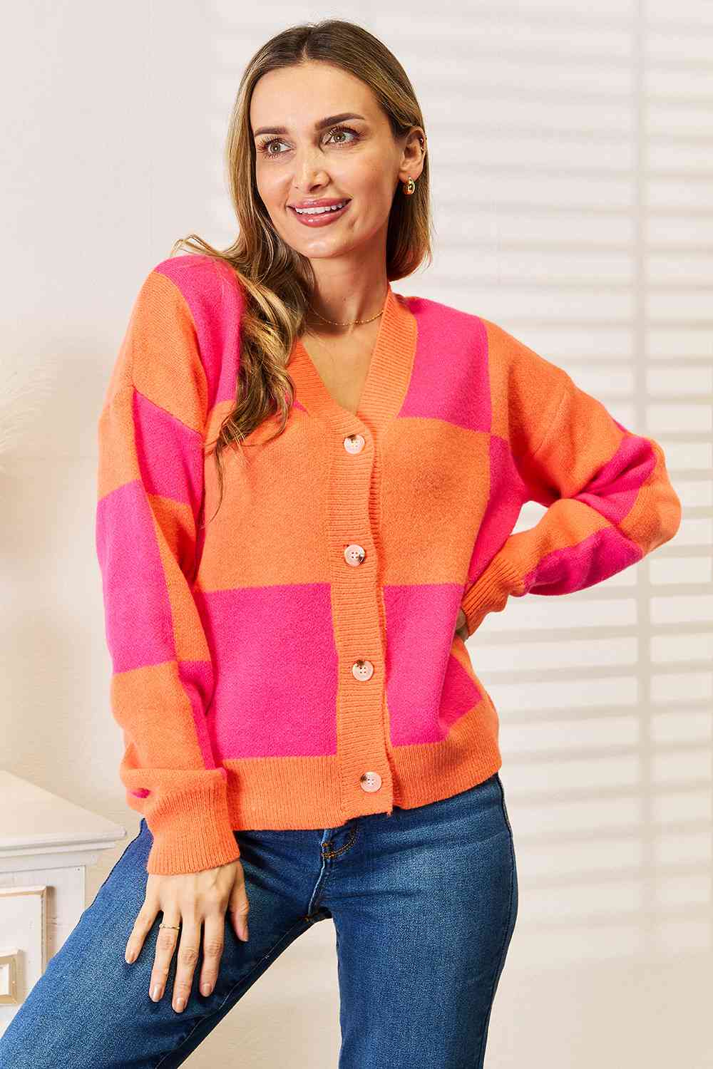 WOVEN RIGHT  Checkered V-Neck Dropped Shoulder Cardigan