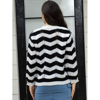 Openwork Striped V-Neck Sweater