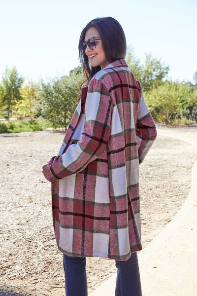 DOUBLE TAKE Full Size Plaid Button Up Lapel Collar Coat