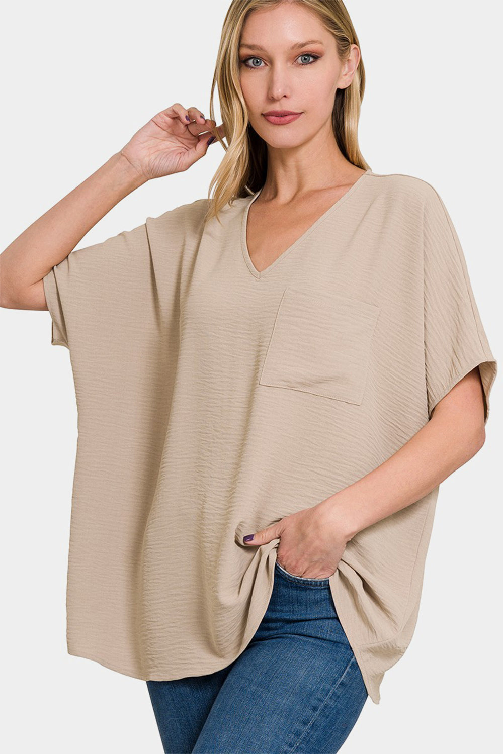 ZENANA Full Size Texture V-Neck Short Sleeve Top