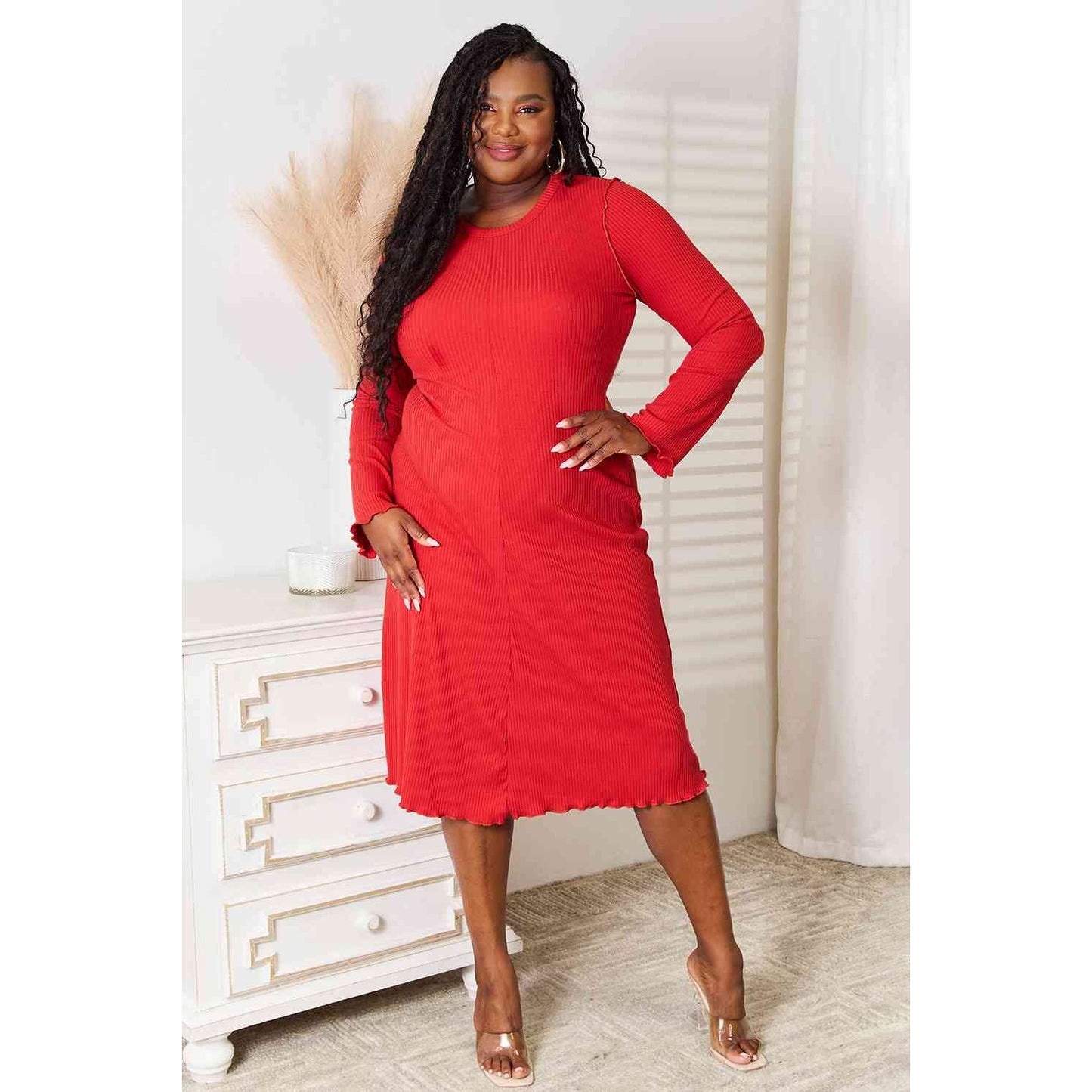 CULTURE CODE Red Full Size Round Neck Long Sleeve Dress