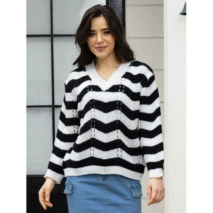 Openwork Striped V-Neck Sweater