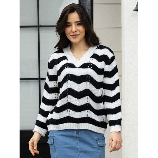 Openwork Striped V-Neck Sweater