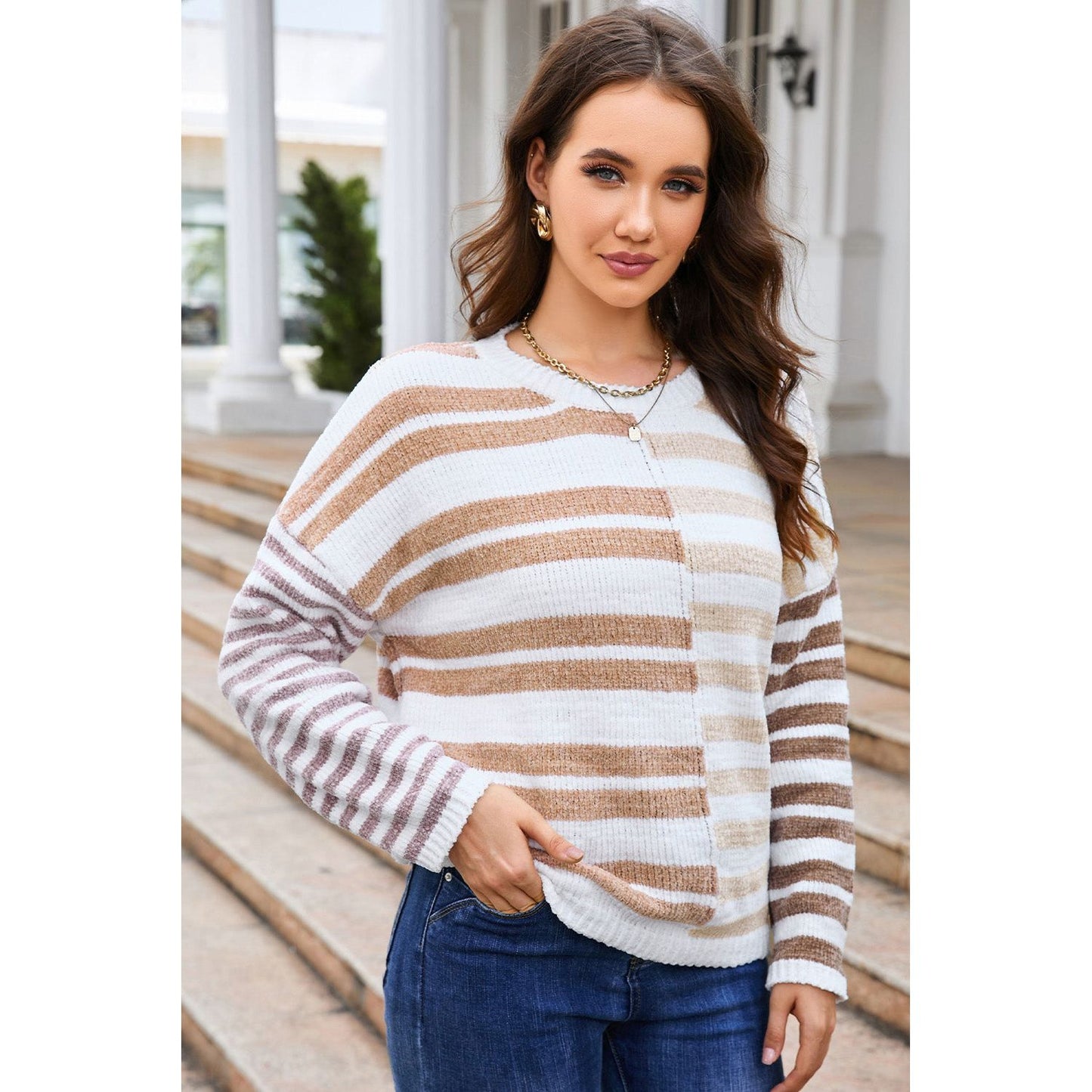 Striped Round Neck Knitted Sweater