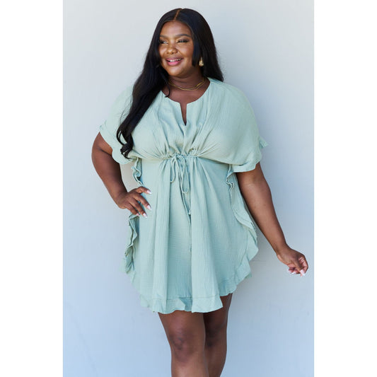 Ninexis Out Of Time Full Size Ruffle Hem Dress with Drawstring Waistband in Light Sage