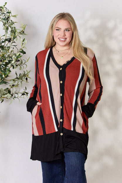 CELESTE Full Size Striped Button Up Long Sleeve Cardigan