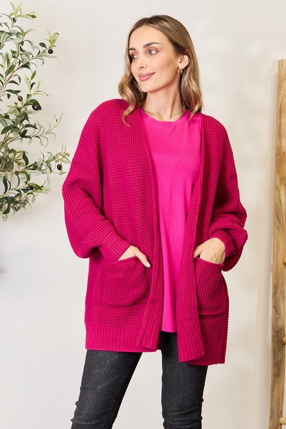 ZENANA Full Size Magenta Waffle-Knit Open Front Cardigan