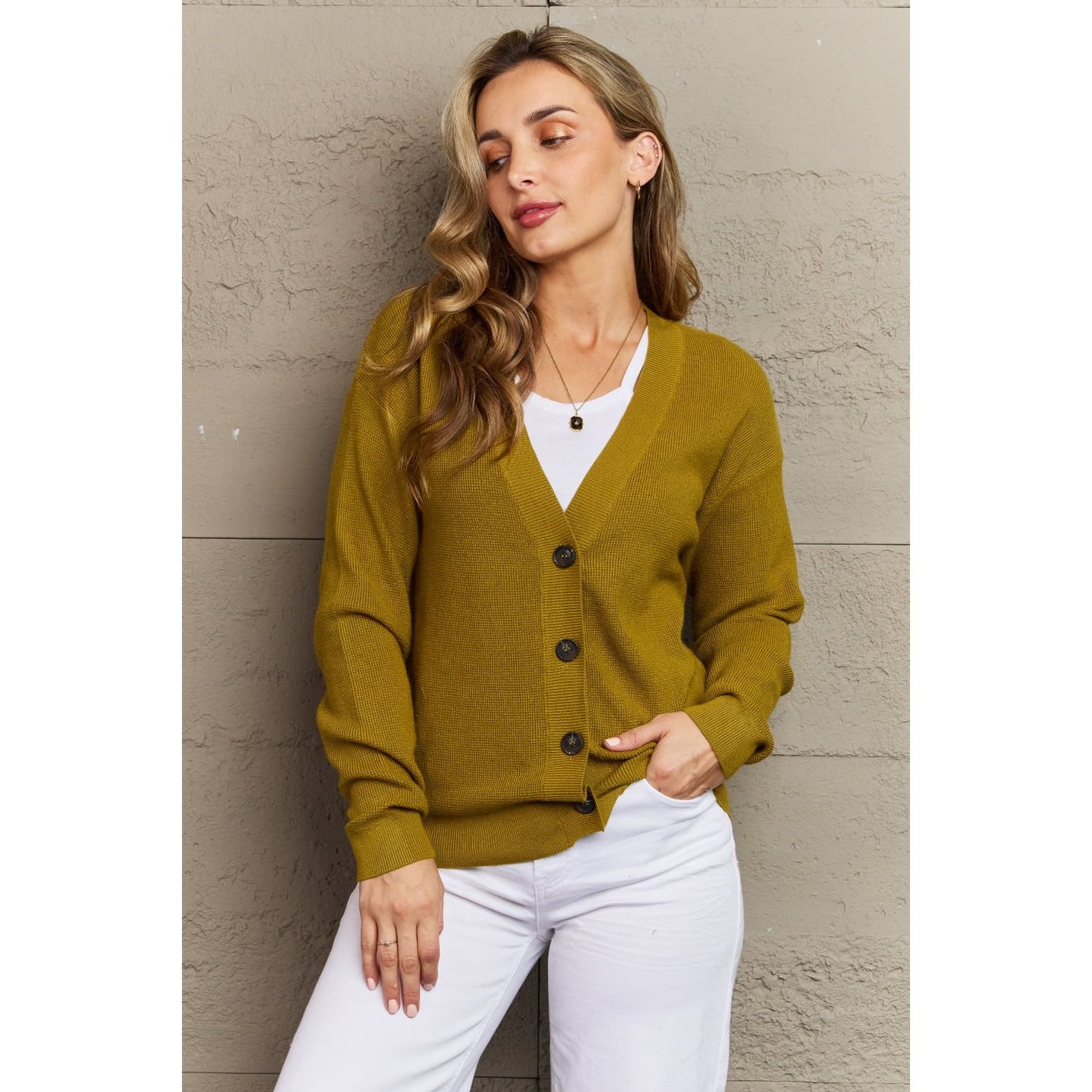 ZENANA Kiss Me Tonight Full Size Button Down Cardigan in Chartreuse