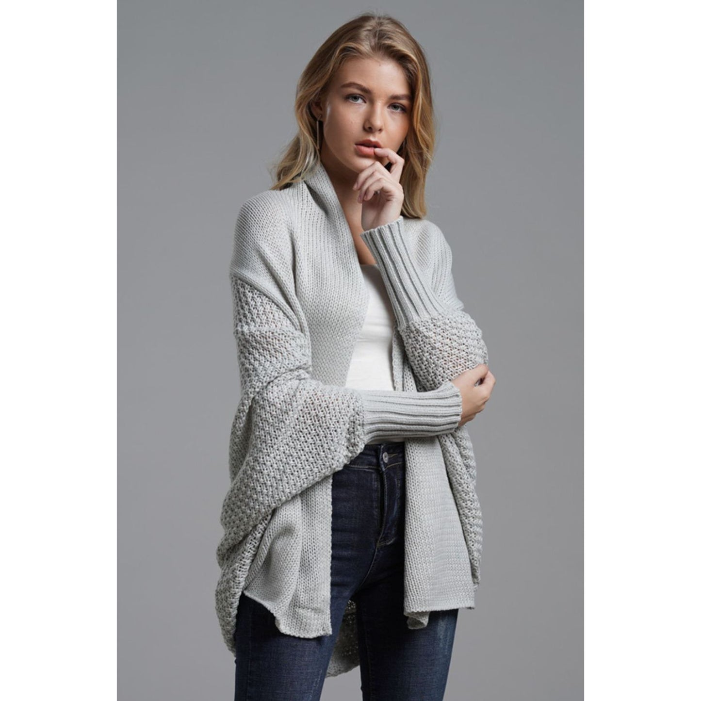 DOUBLE TAKE  Dolman Sleeve Open Front Ribbed Trim Longline Cardigan