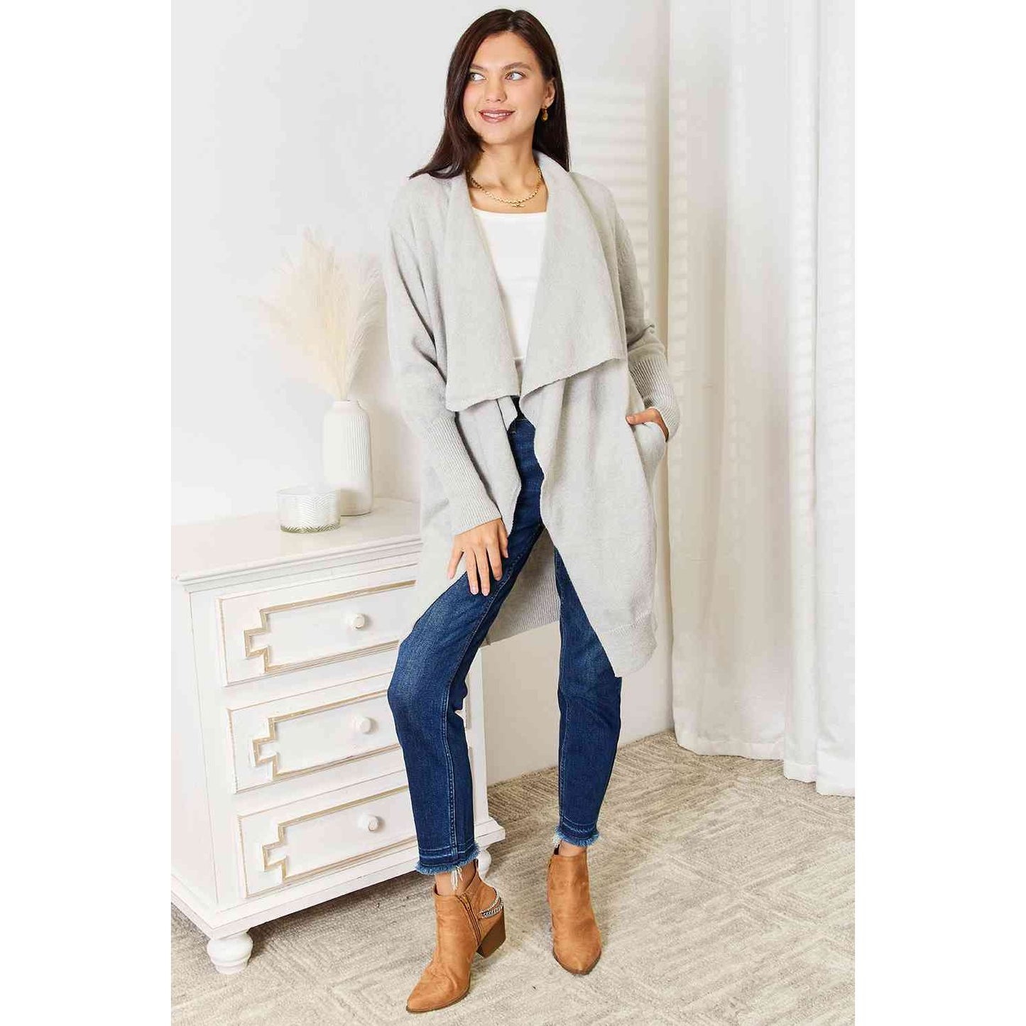 DOUBLE TAKE Light Grey Open Front Duster Cardigan with Pockets