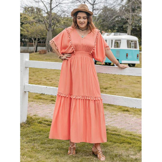 Plus Size Tassel Trim V-Neck Short Sleeve Ruffle Hem Dress