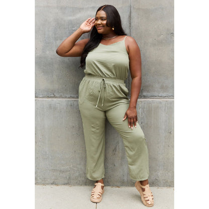 ODDI Full Size Textured Woven Jumpsuit in Sage