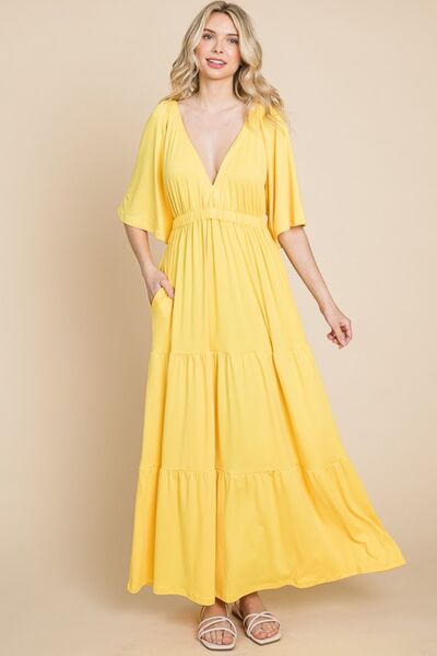 CULTURE CODE Lemonade Backless Plunge Half Sleeve Tiered Dress