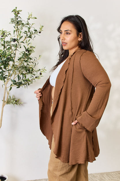 CULTURE CODE Full Size Cocoa Brown Open Front Long Sleeve Cardigan