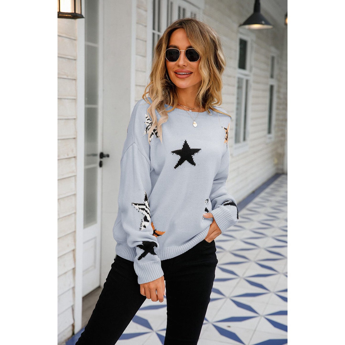 Star Pattern Round Neck Dropped Shoulder Sweater