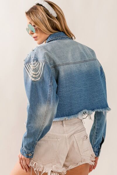 BiBi Pearl Detail Distressed Cropped Denim Jacket