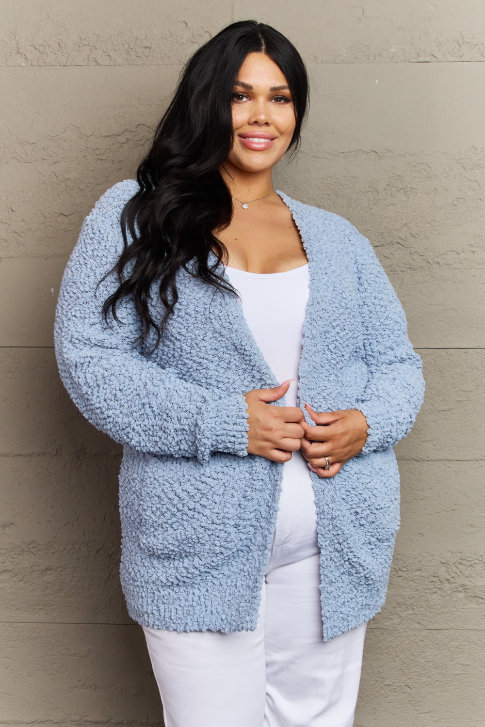 ZENANA Falling For You Full Size Open Front Popcorn Cardigan