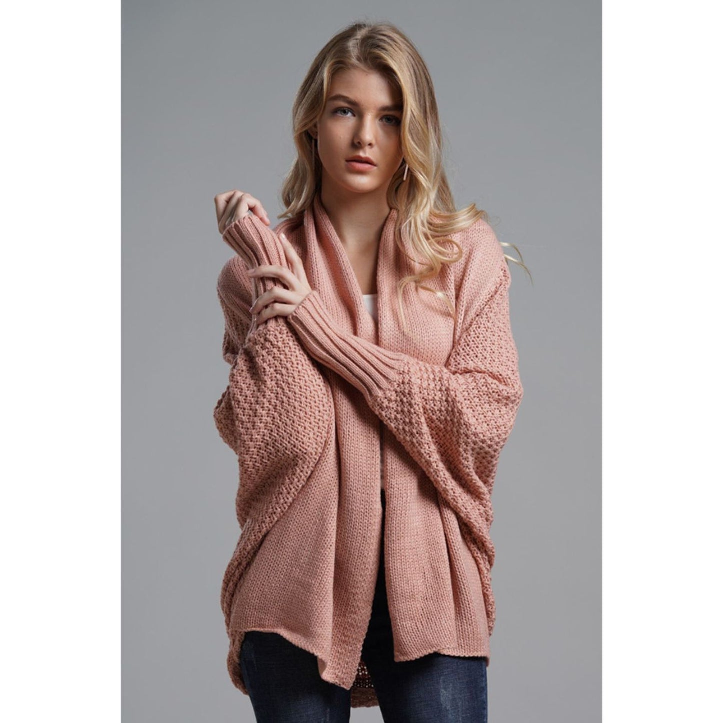 DOUBLE TAKE  Dolman Sleeve Open Front Ribbed Trim Longline Cardigan