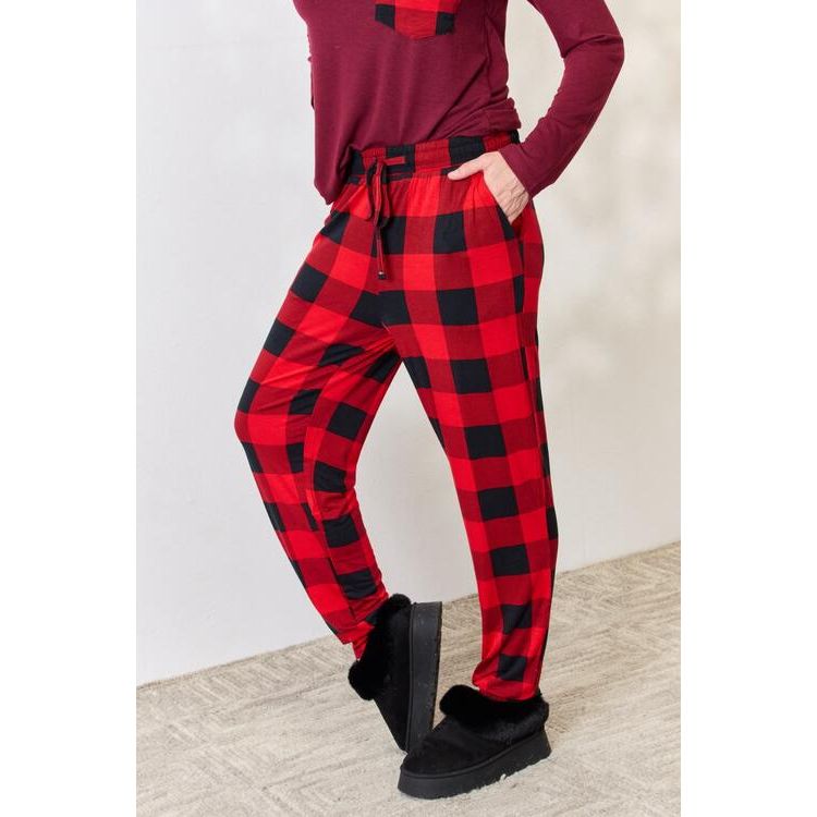 ZENANA Full Size Plaid Round Neck Top and Pants Pajama Set