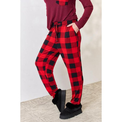 ZENANA Full Size Plaid Round Neck Top and Pants Pajama Set