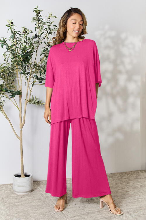 DOUBLE TAKE Full Size Round Neck Slit Top and Wide-leg Pants Lounge Set