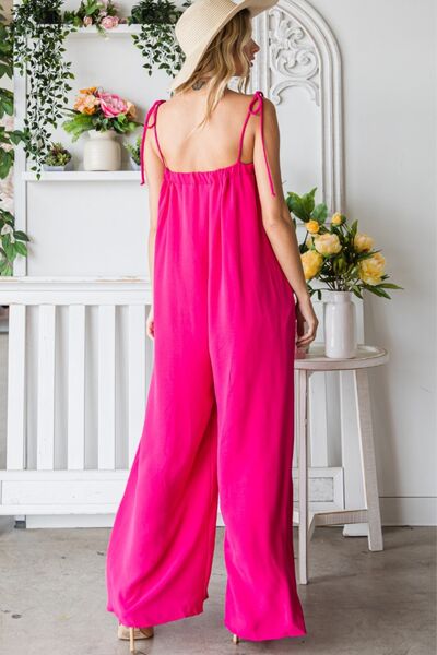 VEVERET Pocketed Spaghetti Strap Wide Leg Jumpsuit