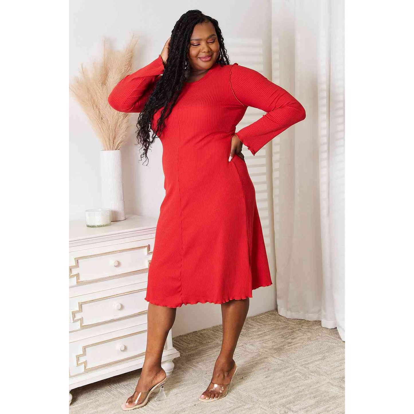 CULTURE CODE Red Full Size Round Neck Long Sleeve Dress