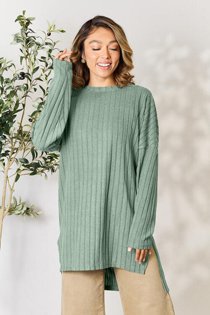 BASIC BAE Full Size Ribbed Round Neck Long Sleeve Slit Top/ S-3XL