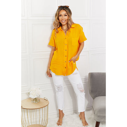 ZENANA Full Size Summer Breeze Gauze Short Sleeve Shirt in Mustard