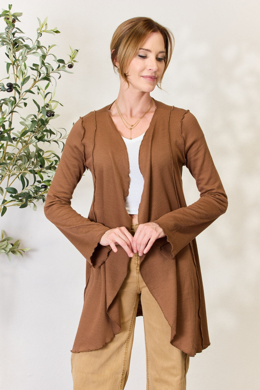 CULTURE CODE Full Size Cocoa Brown Open Front Long Sleeve Cardigan